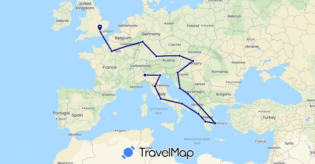 TravelMap itinerary: driving in Austria, Germany, France, United Kingdom, Greece, Croatia, Hungary, Italy (Europe)