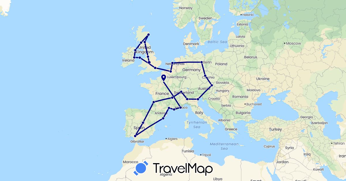 TravelMap itinerary: driving in Austria, Belgium, Switzerland, Czech Republic, Germany, Spain, France, United Kingdom, Ireland, Italy, Netherlands (Europe)